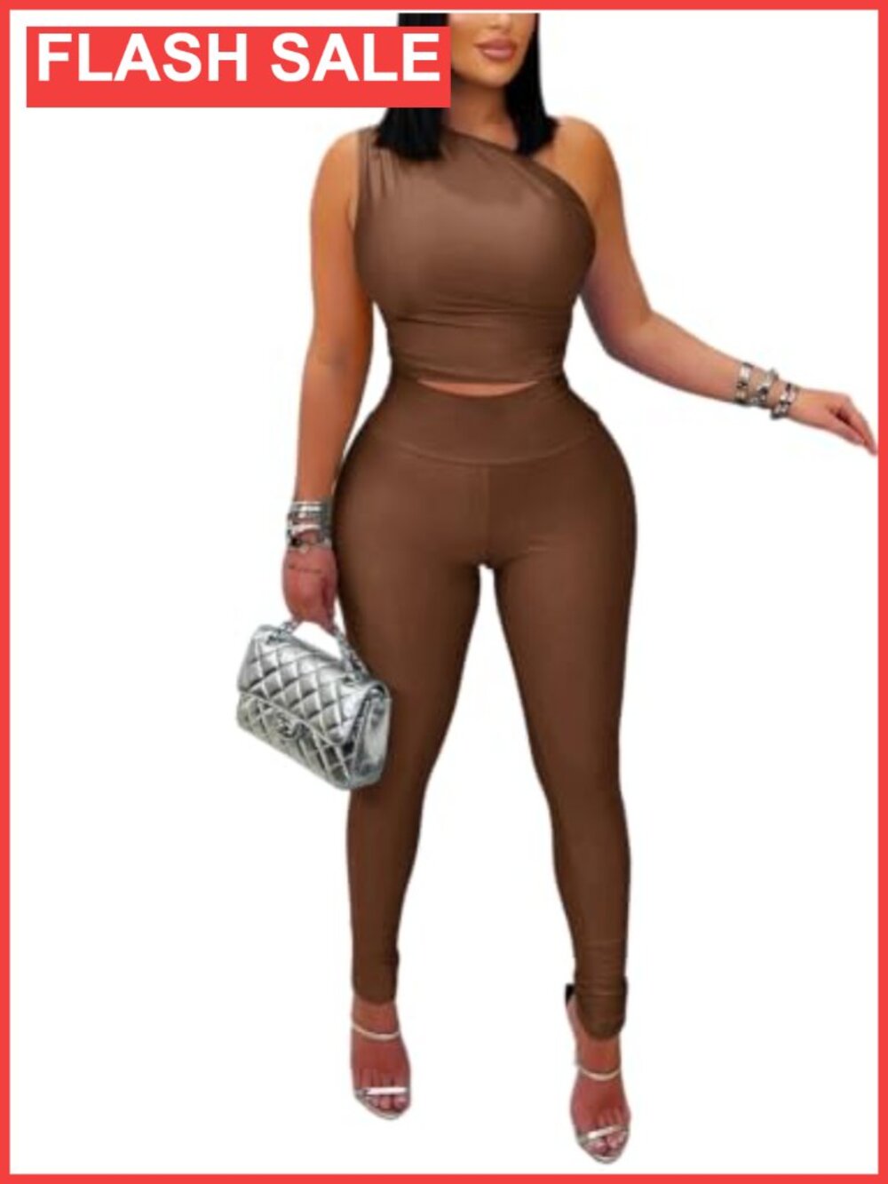 One Shoulder Crop Top Bodycon Pants Set Ruched Slim Fit Party Outfit